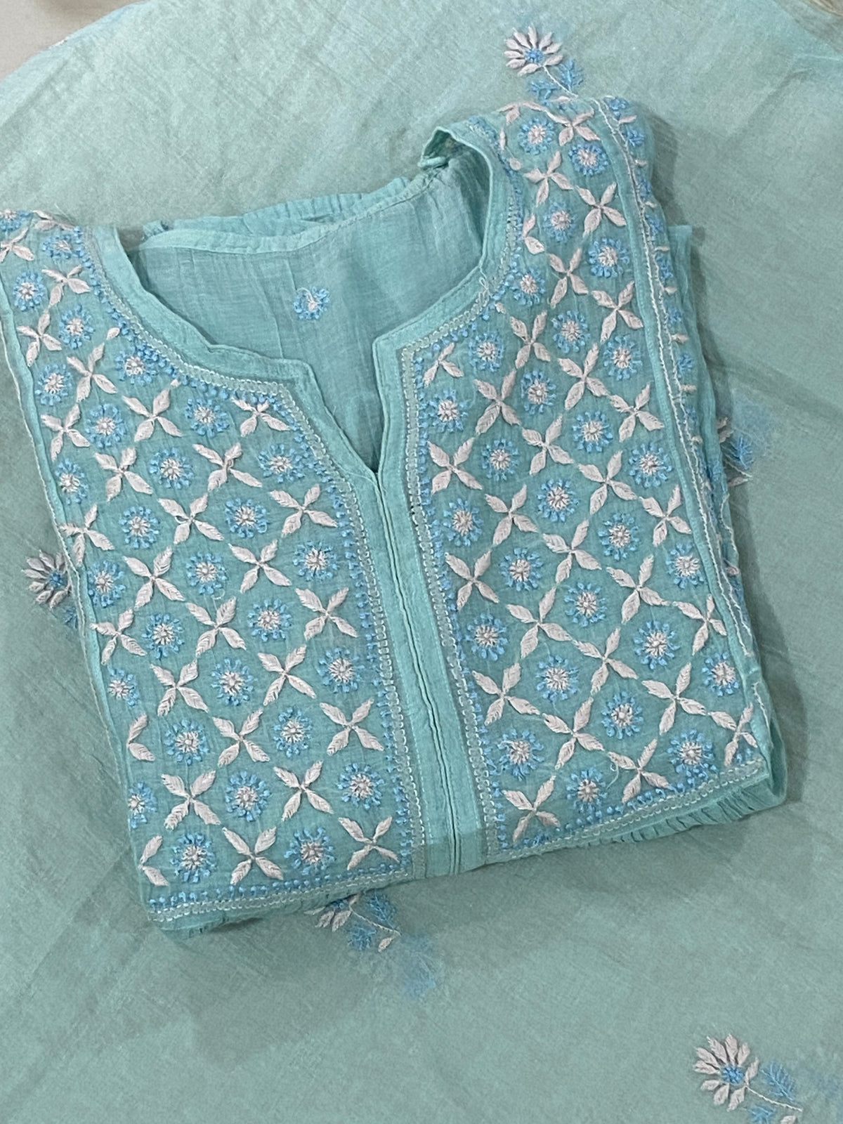 Premium Mul chanderi Chikankari Semi Stitched 2 piece Tunic and Dupatta set – Light Aqua