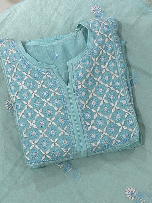 Premium Mul chanderi Chikankari Semi Stitched 2 piece Tunic and Dupatta set – Light Aqua