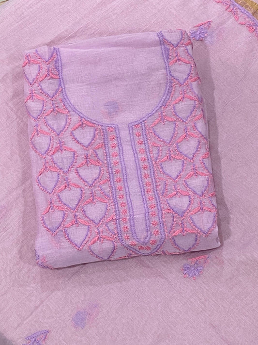 Premium Mul Chanderi 2 piece Chikankari Unstitched Kurta and Dupatta set - Lavender Gharana