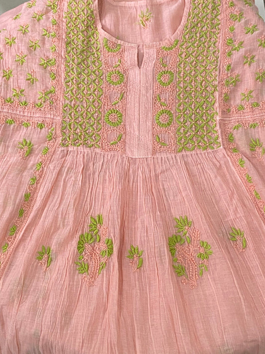 Premium Mulchanderi Chikankari Semi Stitched 2 piece Tunic and Dupatta set – Peach Gharana