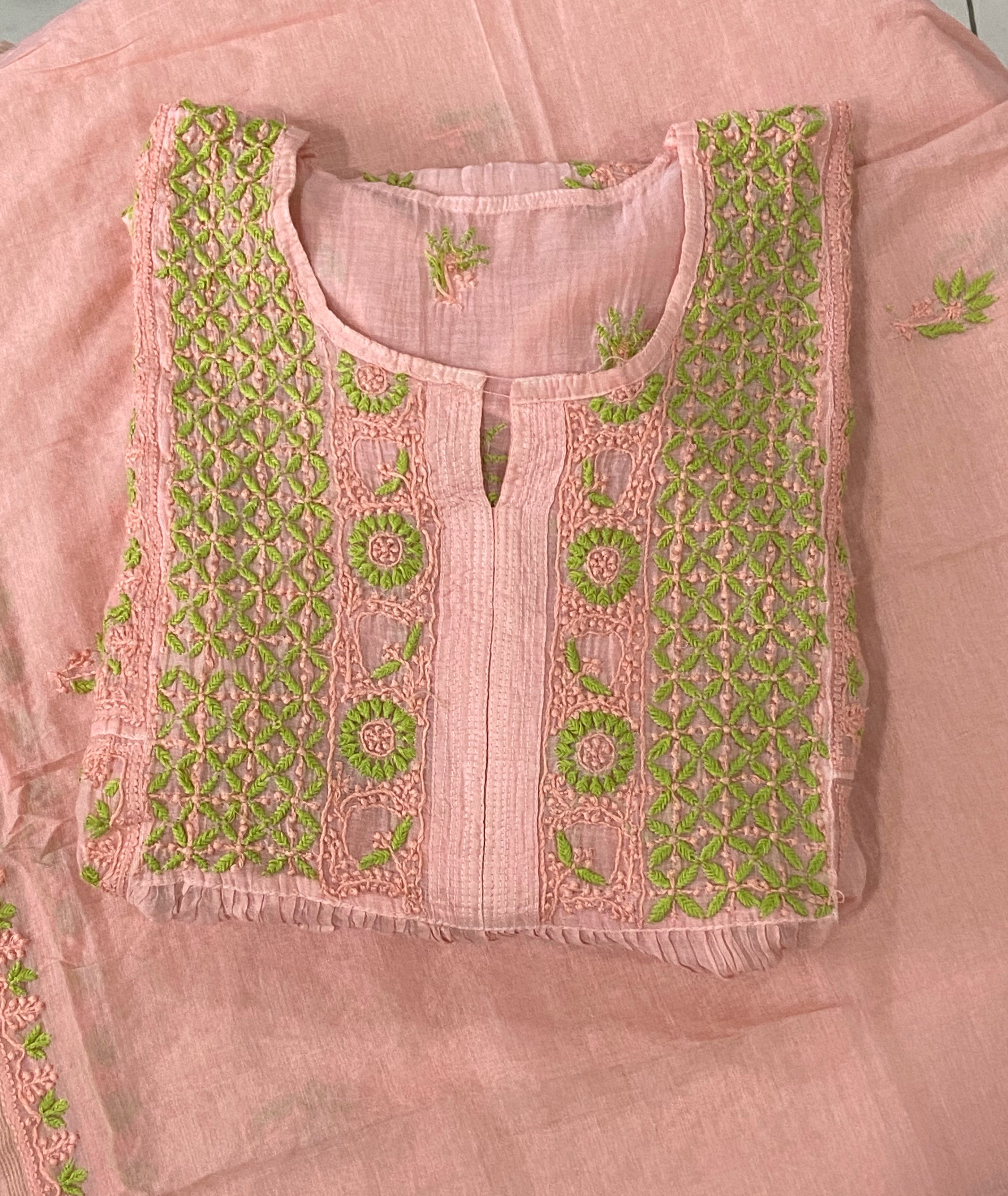 Premium Mulchanderi Chikankari Semi Stitched 2 piece Tunic and Dupatta set – Peach Gharana