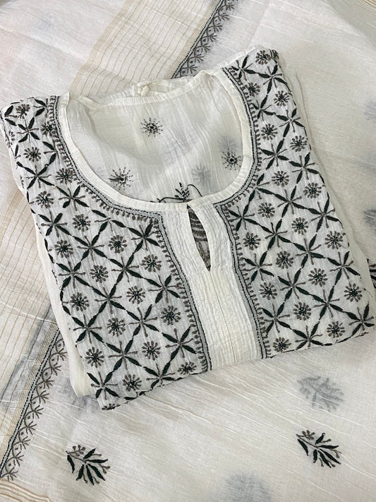 Premium Mulchanderi Chikankari 2 piece Semi Stitched Tunic and Dupatta set - White Gharana