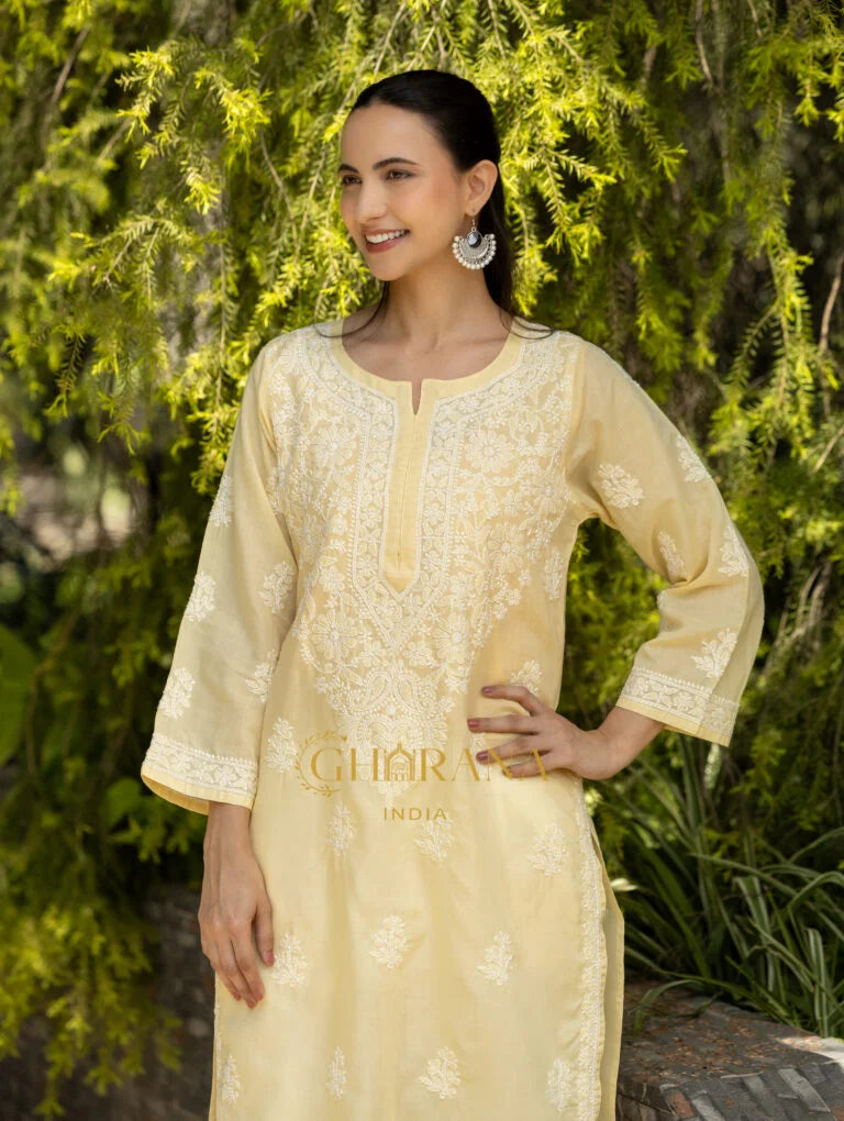 Sahiba Chikankari Pastel Yellow Cotton Kurta with Bakhiya work Gharana