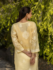 Sahiba Chikankari Pastel Yellow Cotton Kurta with Bakhiya work Gharana