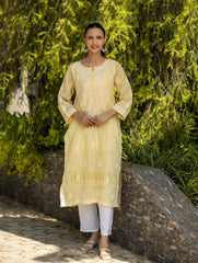 Sahiba Chikankari Pastel Yellow Cotton Kurta with Bakhiya work Gharana