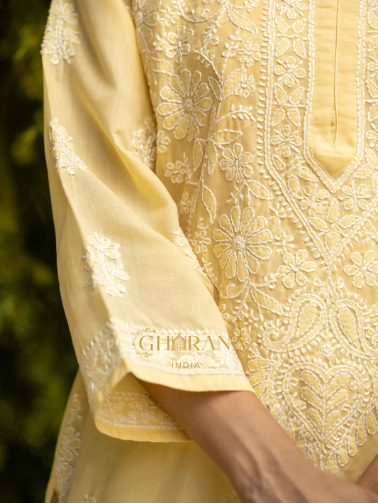 Sahiba Chikankari Pastel Yellow Cotton Kurta with Bakhiya work Gharana