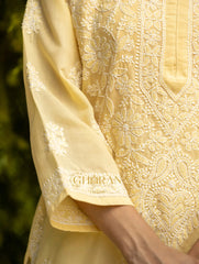 Sahiba Chikankari Pastel Yellow Cotton Kurta with Bakhiya work Gharana