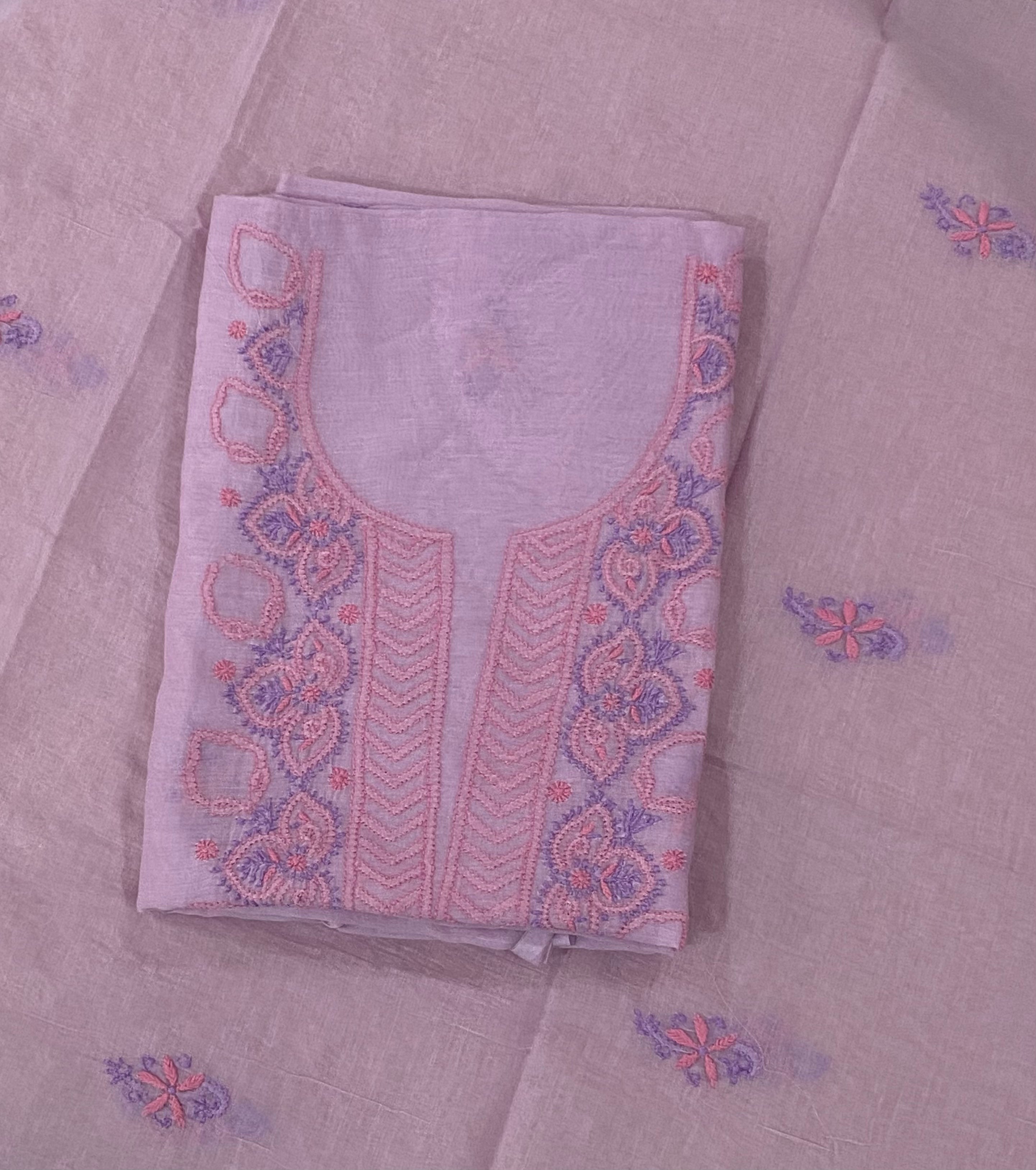 Premium Mul Chanderi 2 piece Chikankari Unstitched Kurta and Dupatta set - Lavender Gharana