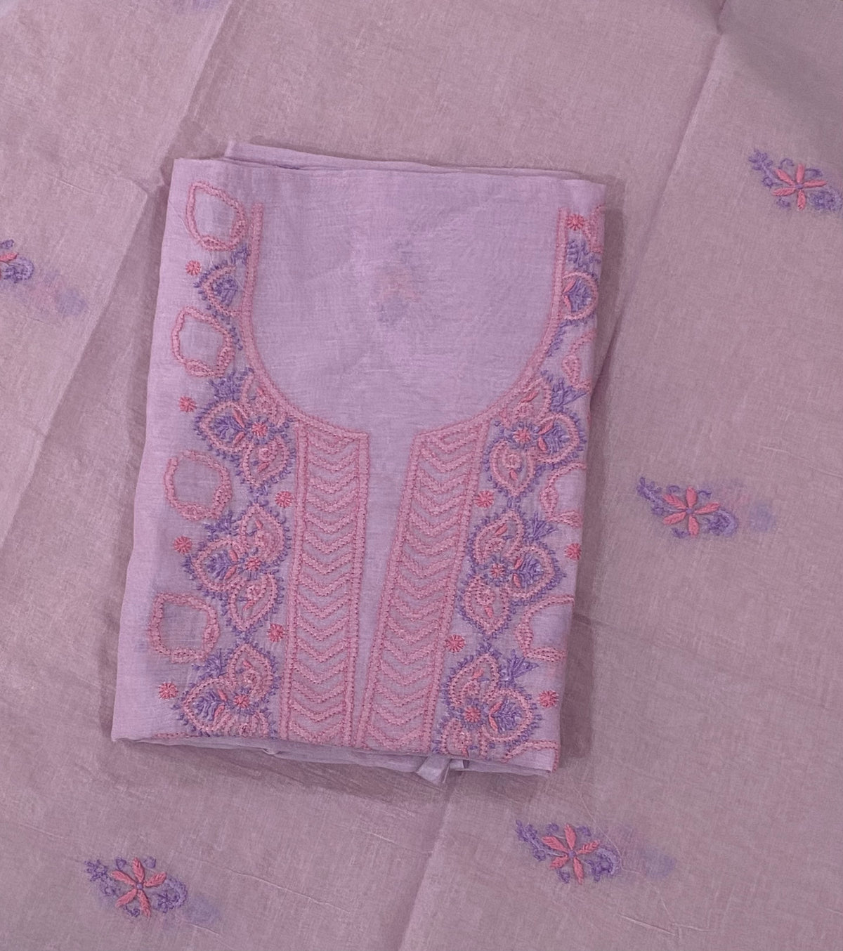 Premium Mul Chanderi 2 piece Chikankari Unstitched Kurta and Dupatta set - Lavender Gharana