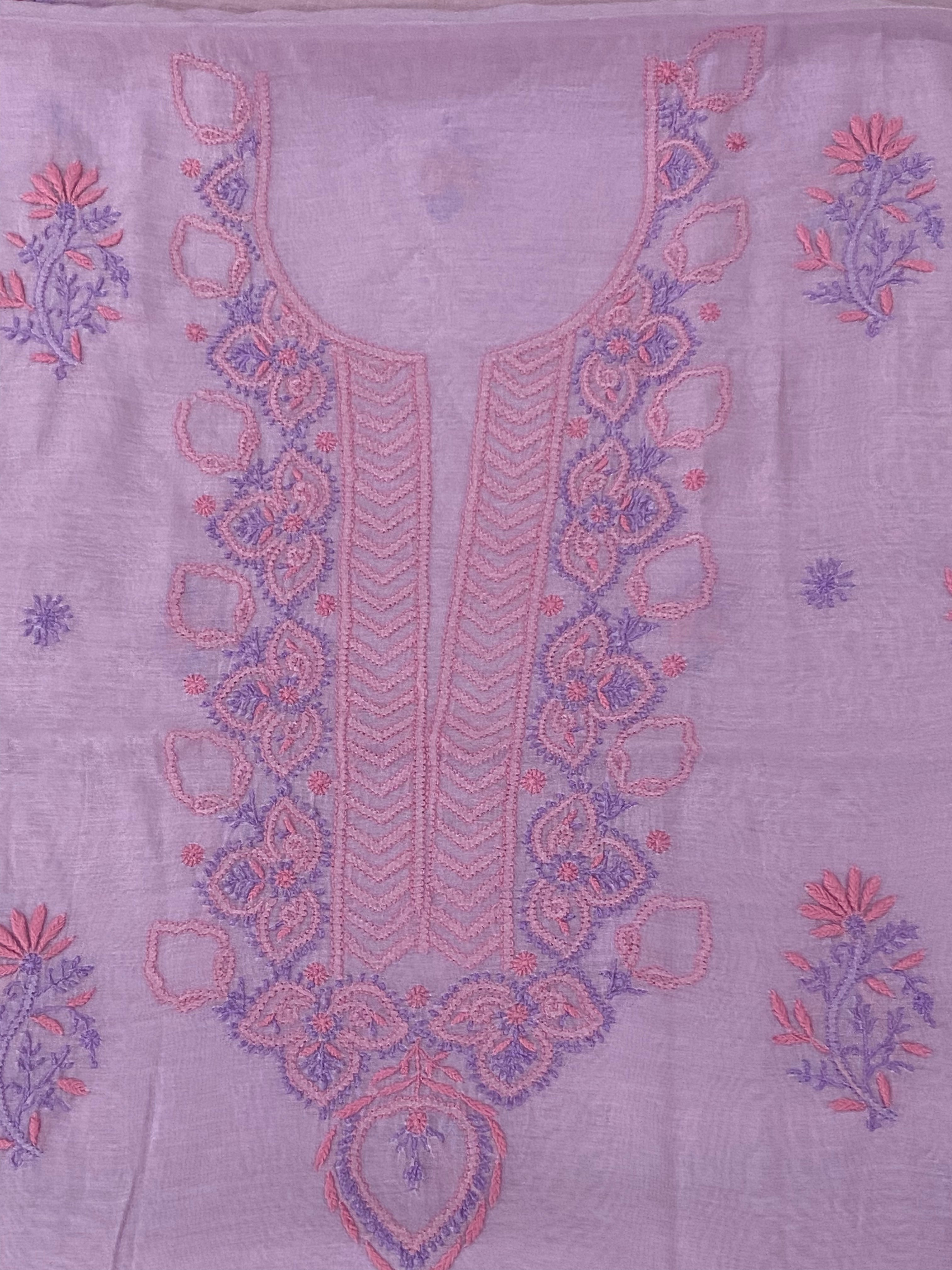 Premium Mul Chanderi 2 piece Chikankari Unstitched Kurta and Dupatta set - Lavender Gharana