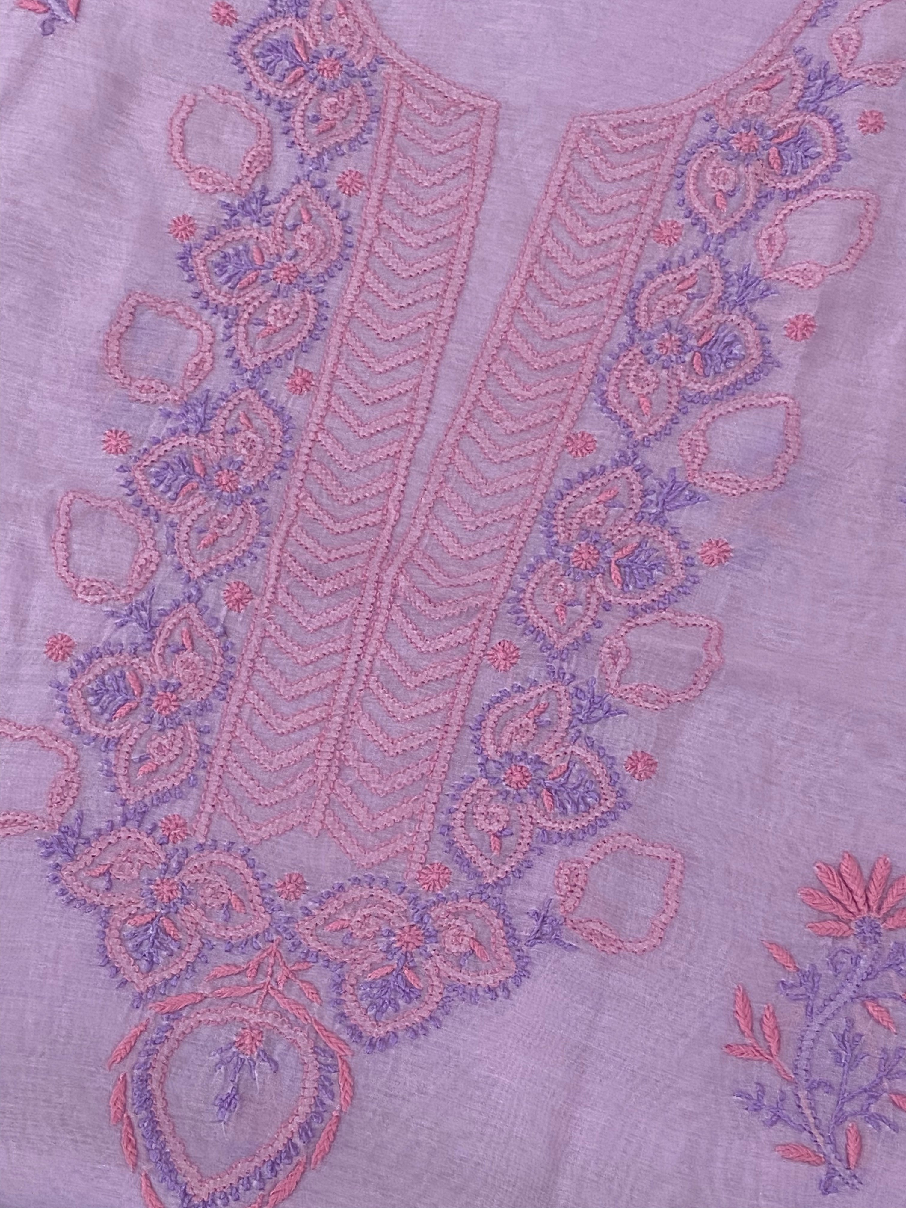 Premium Mul Chanderi 2 piece Chikankari Unstitched Kurta and Dupatta set - Lavender Gharana