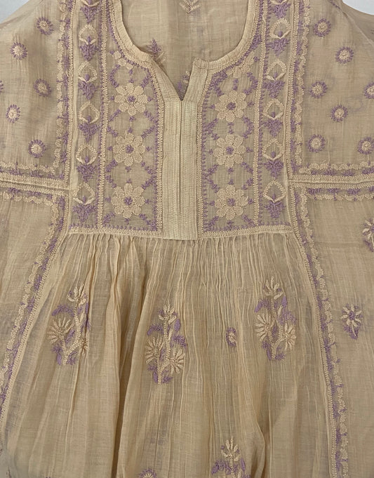 Premium Mulchanderi Chikankari Semi Stitched 2 piece Tunic and Dupatta set – Beige Gharana