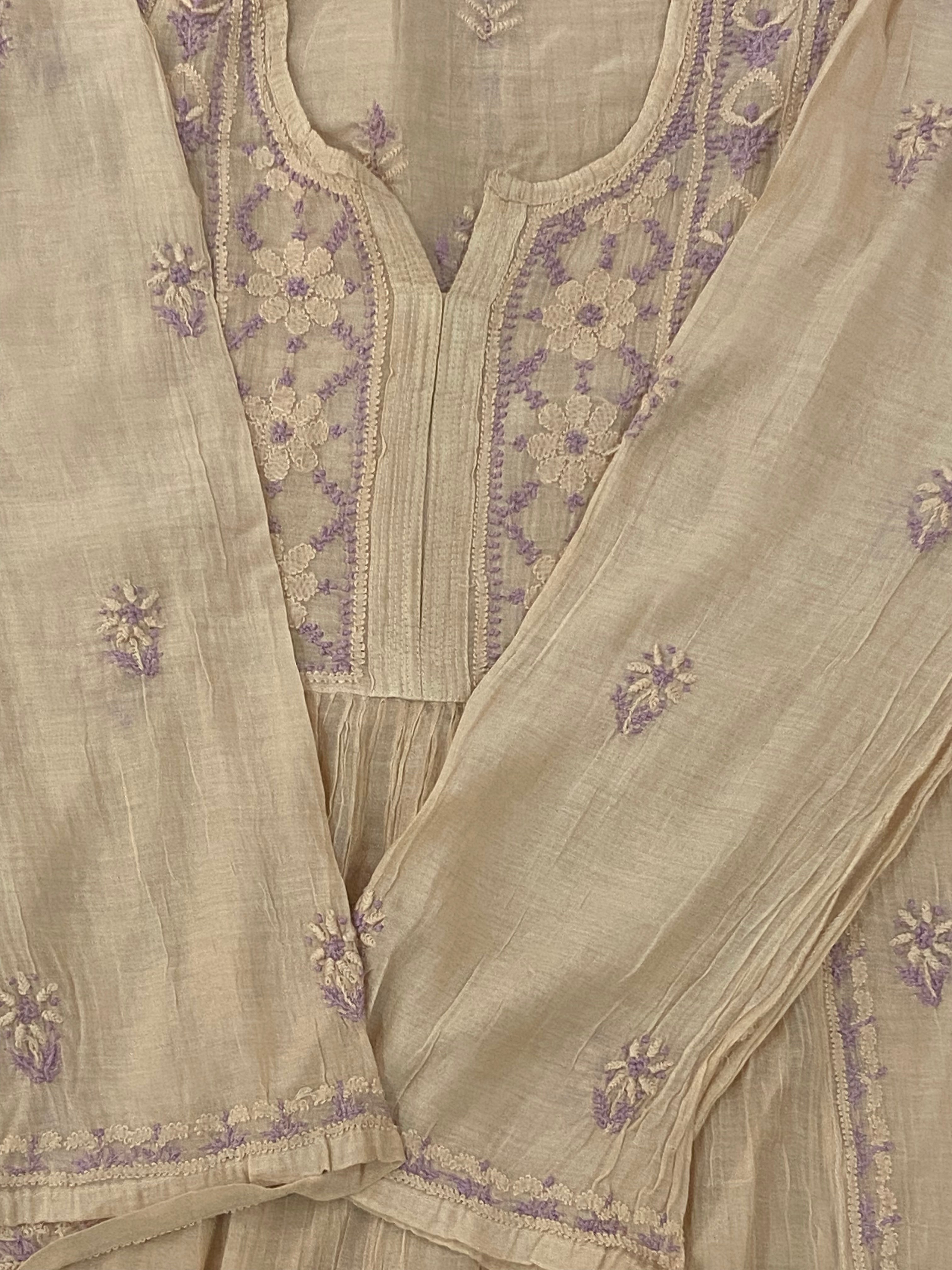 Premium Mulchanderi Chikankari Semi Stitched 2 piece Tunic and Dupatta set – Beige Gharana