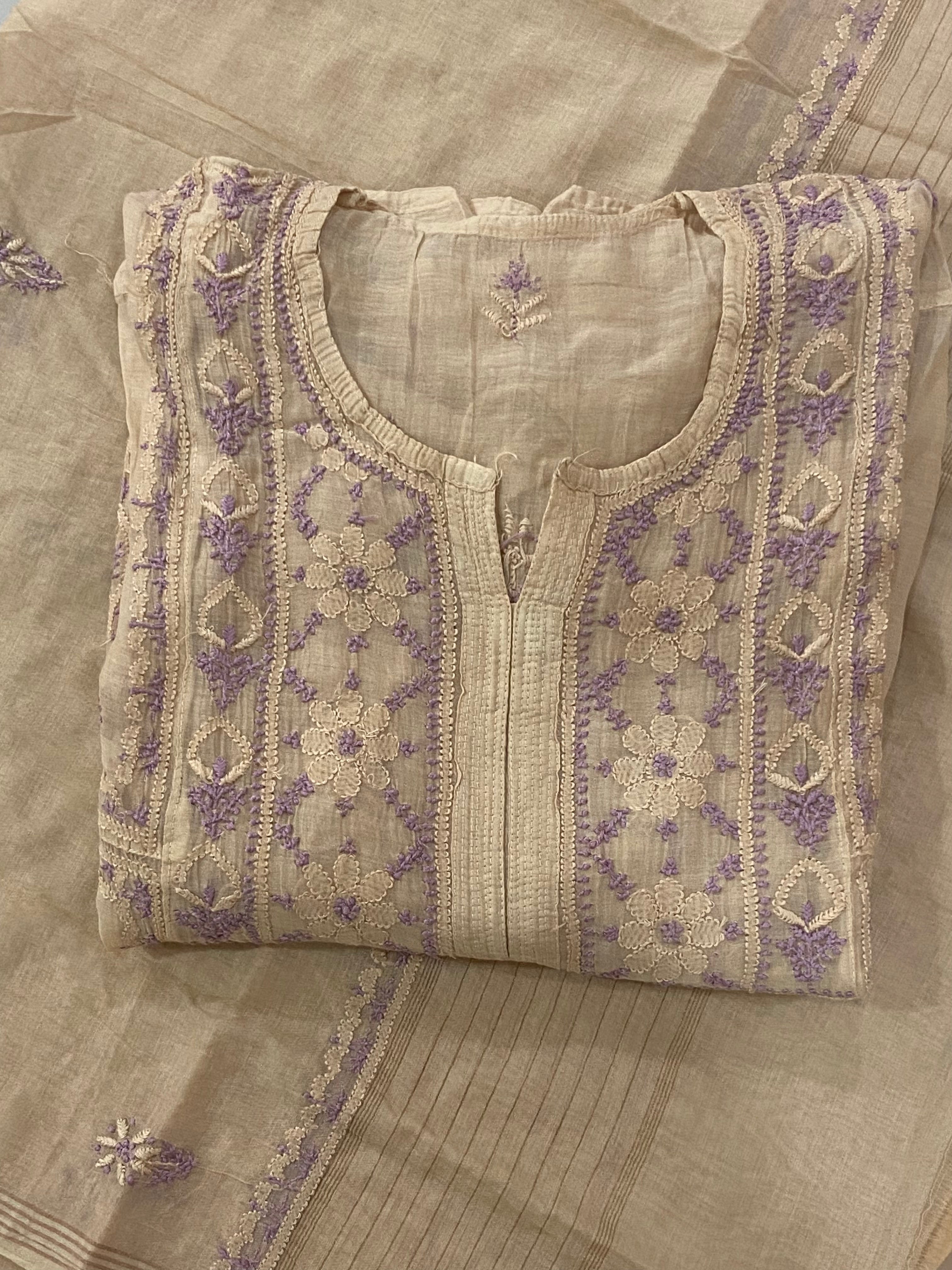 Premium Mulchanderi Chikankari Semi Stitched 2 piece Tunic and Dupatta set – Beige Gharana