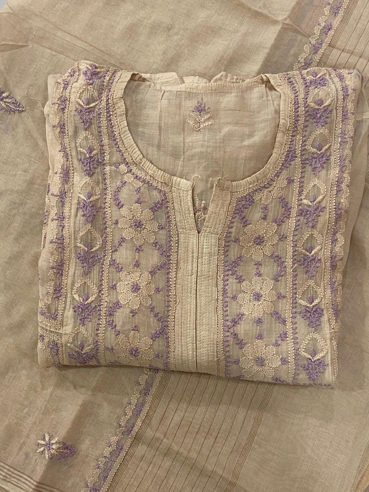 Premium Mulchanderi Chikankari Semi Stitched 2 piece Tunic and Dupatta set – Beige Gharana