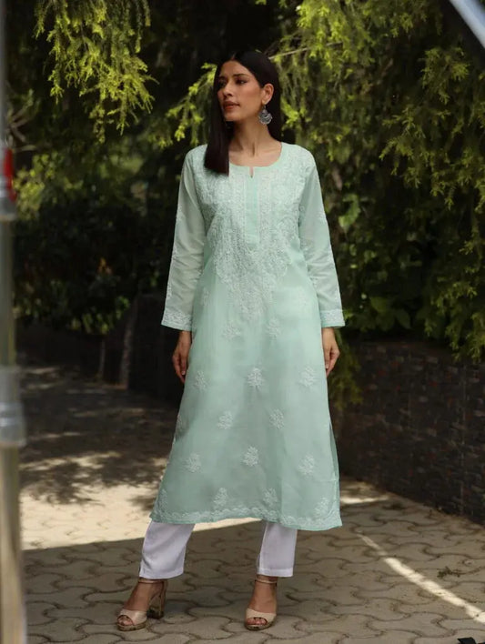 Sahiba Chikankari Pastel Green Cotton Kurta with Bakhiya work Gharana