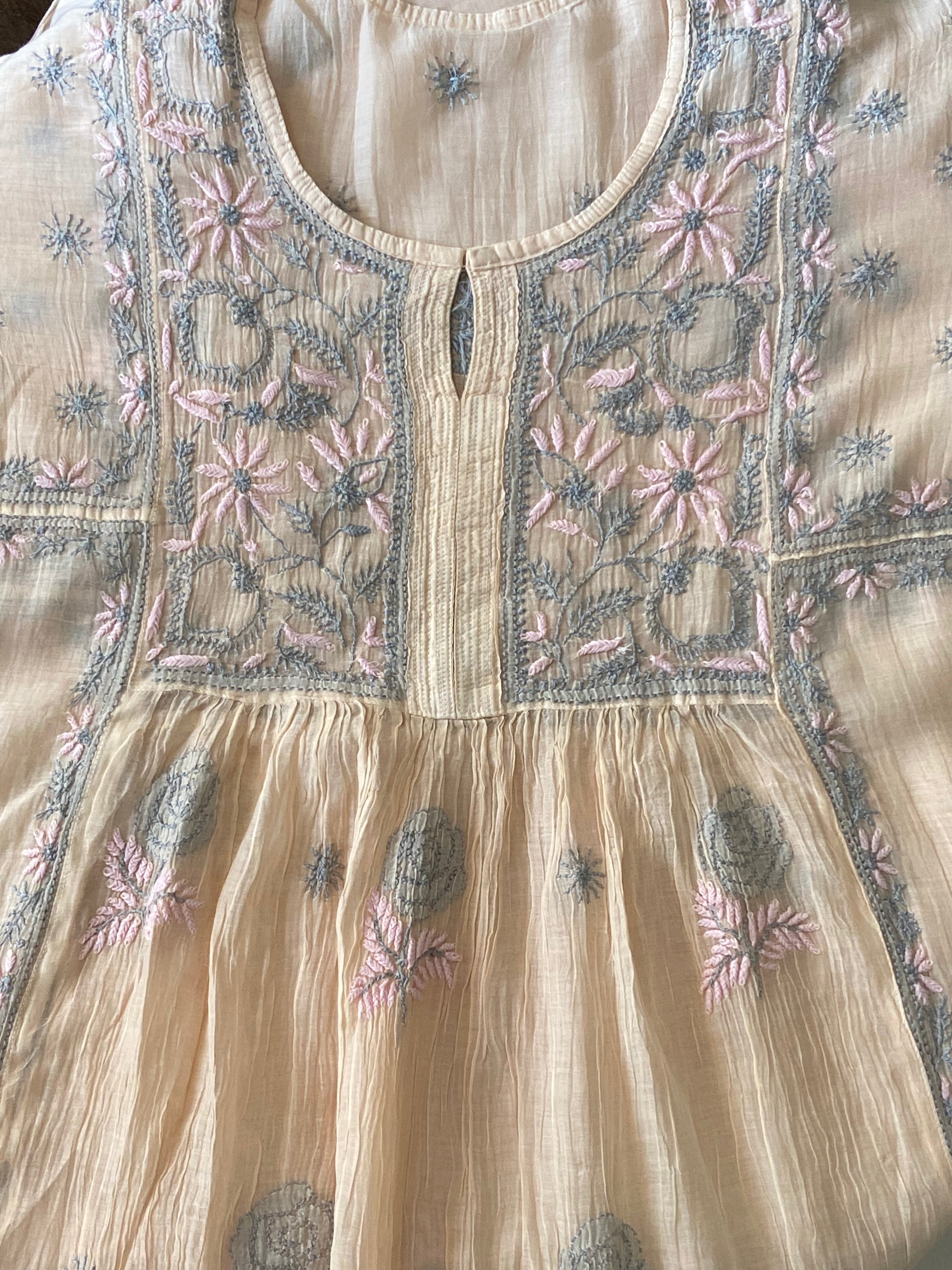 Premium Mulchanderi Chikankari Semi Stitched Tunic and Dupatta set – Light Beige Gharana