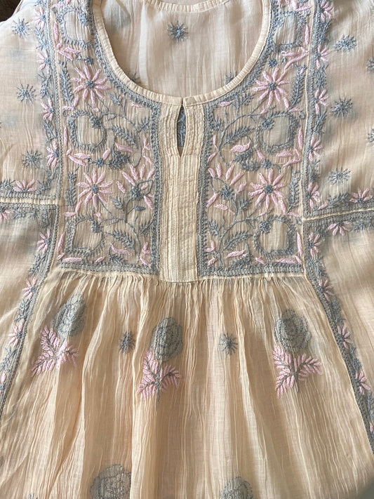 Premium Mulchanderi Chikankari Semi Stitched Tunic and Dupatta set – Light Beige Gharana
