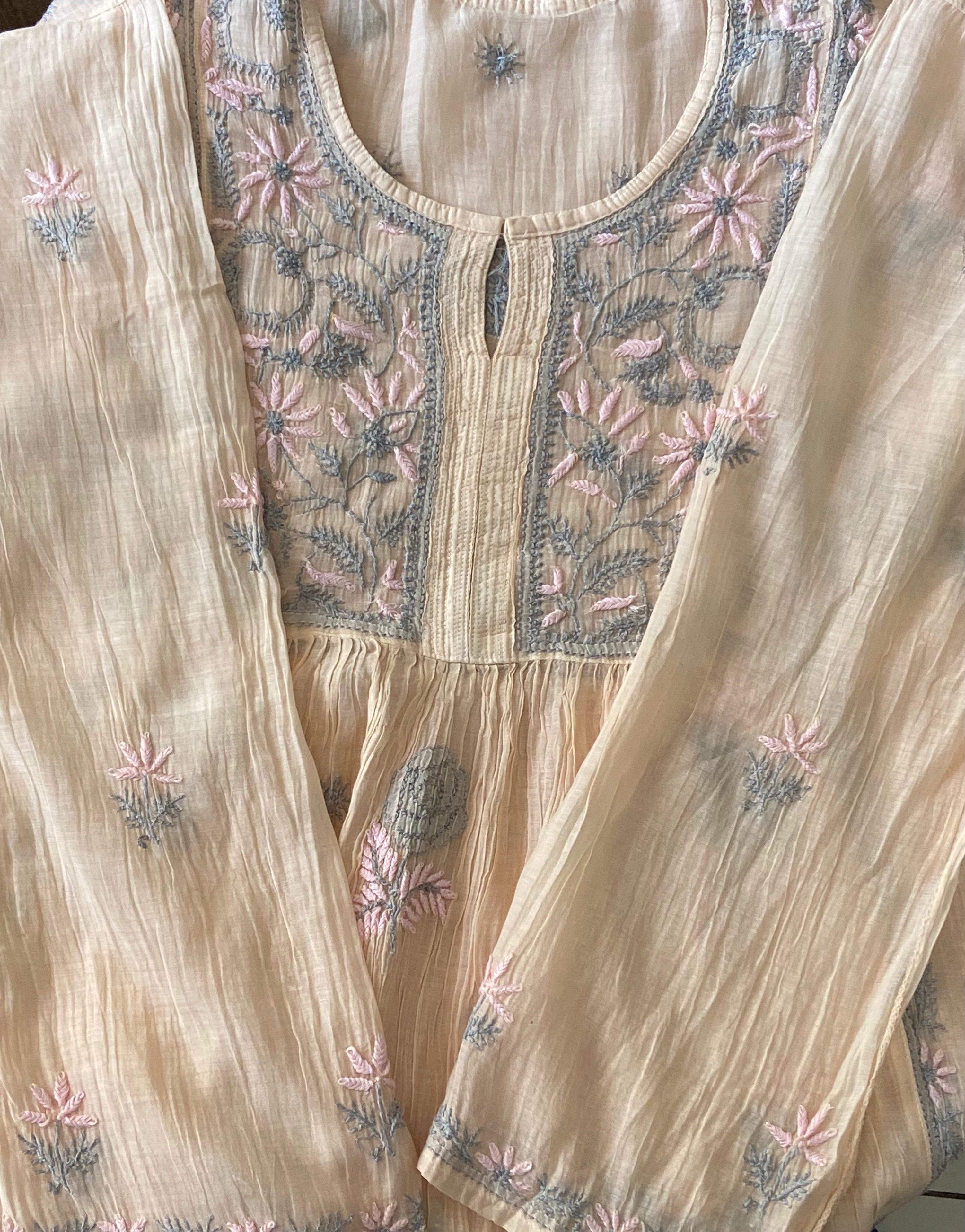 Premium Mulchanderi Chikankari Semi Stitched Tunic and Dupatta set – Light Beige Gharana