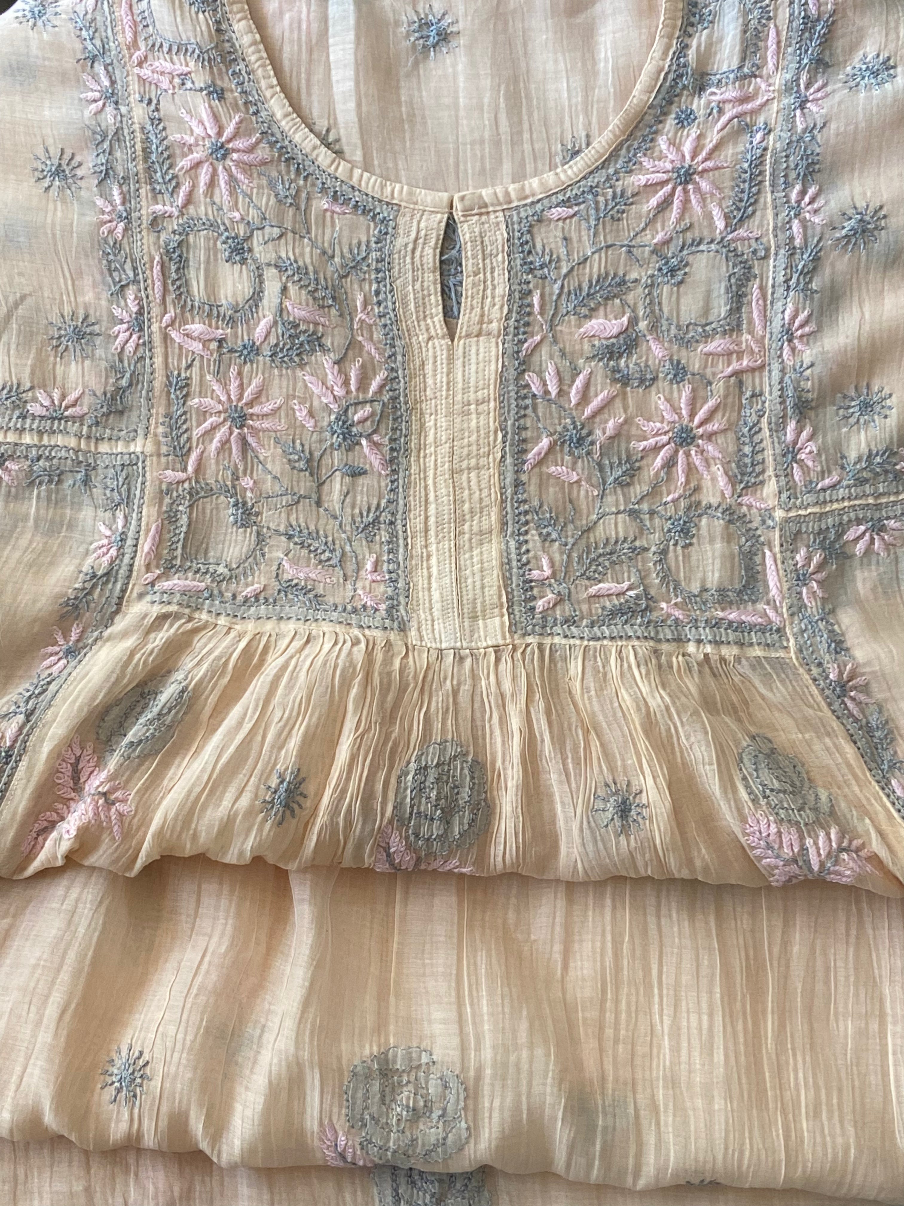 Premium Mulchanderi Chikankari Semi Stitched Tunic and Dupatta set – Light Beige Gharana