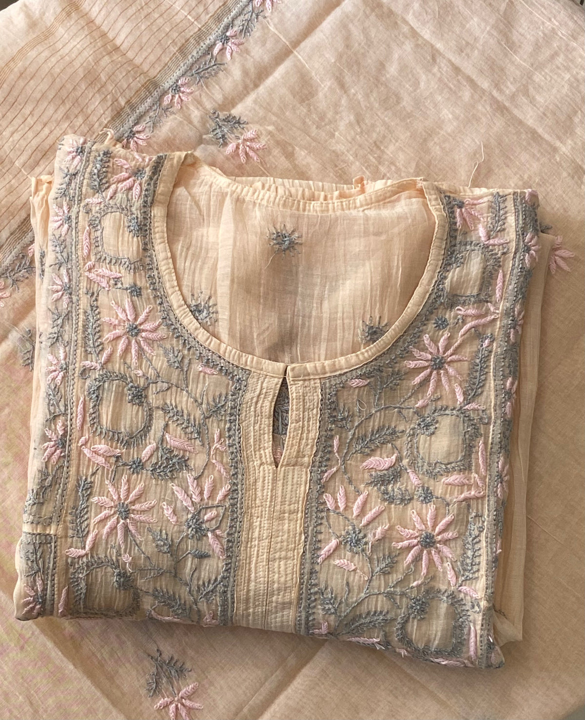 Premium Mulchanderi Chikankari Semi Stitched Tunic and Dupatta set – Light Beige Gharana