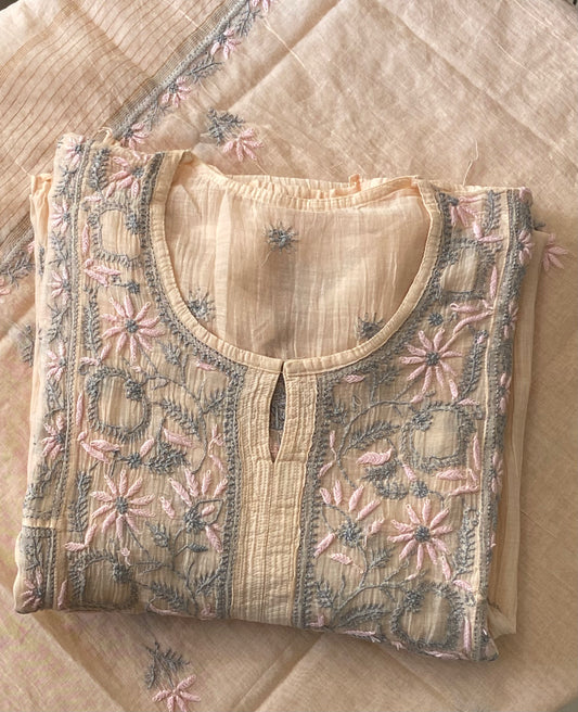 Premium Mulchanderi Chikankari Semi Stitched Tunic and Dupatta set – Light Beige Gharana