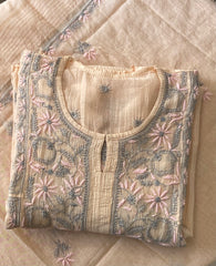 Premium Mulchanderi Chikankari Semi Stitched Tunic and Dupatta set – Light Beige Gharana
