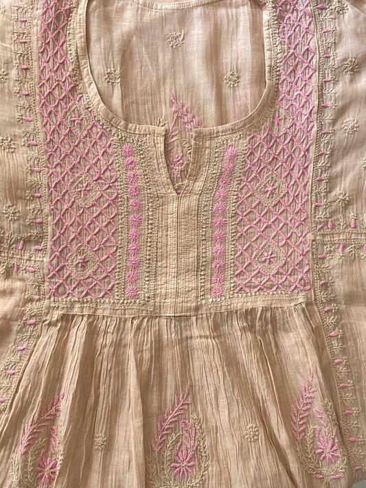 Premium Mulchanderi Chikankari Semi Stitched 2 piece Tunic and Dupatta set – Dark Beige Gharana