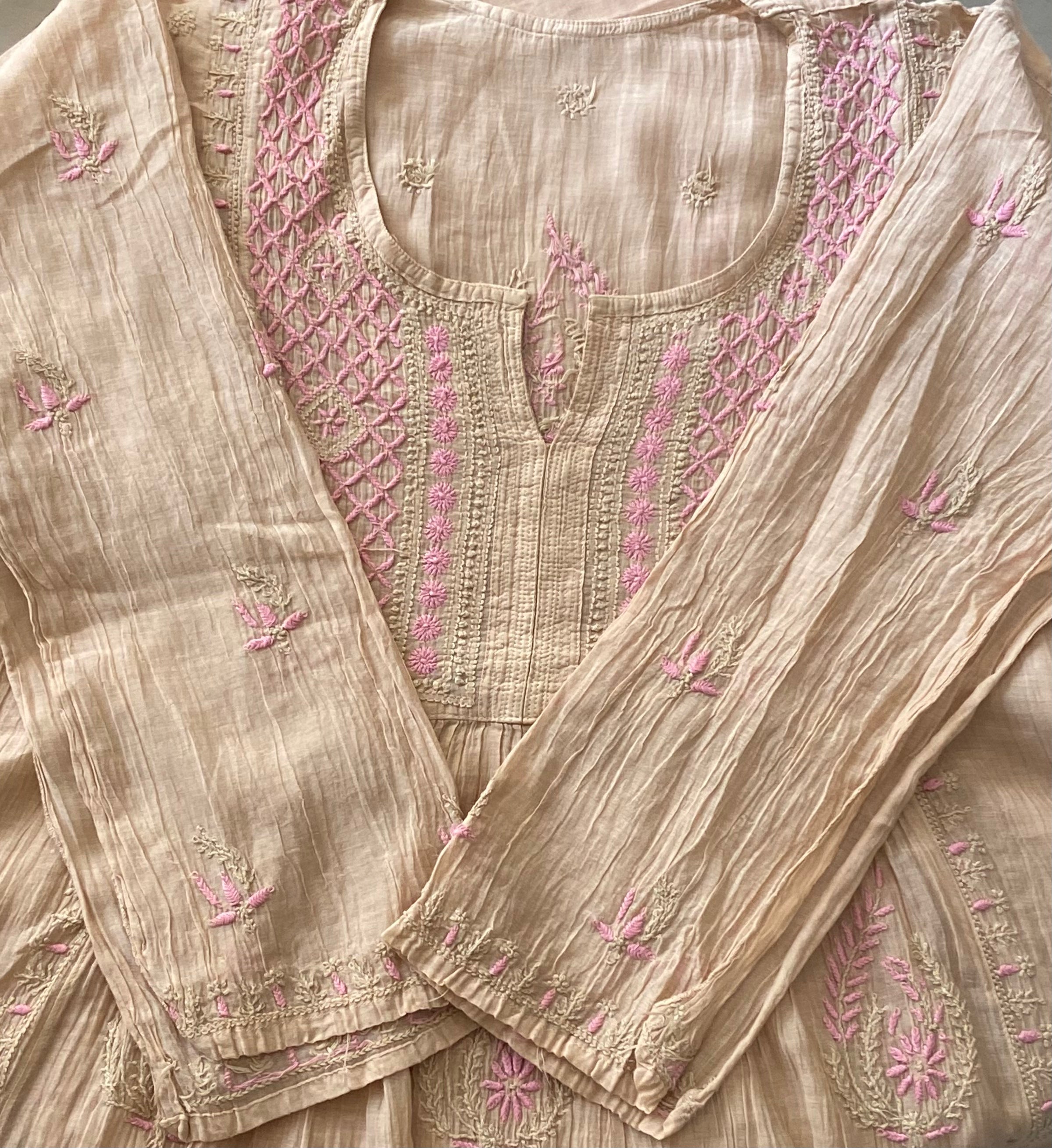 Premium Mulchanderi Chikankari Semi Stitched 2 piece Tunic and Dupatta set – Dark Beige Gharana