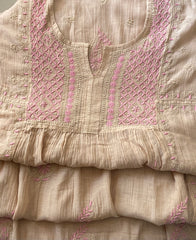 Premium Mulchanderi Chikankari Semi Stitched 2 piece Tunic and Dupatta set – Dark Beige Gharana