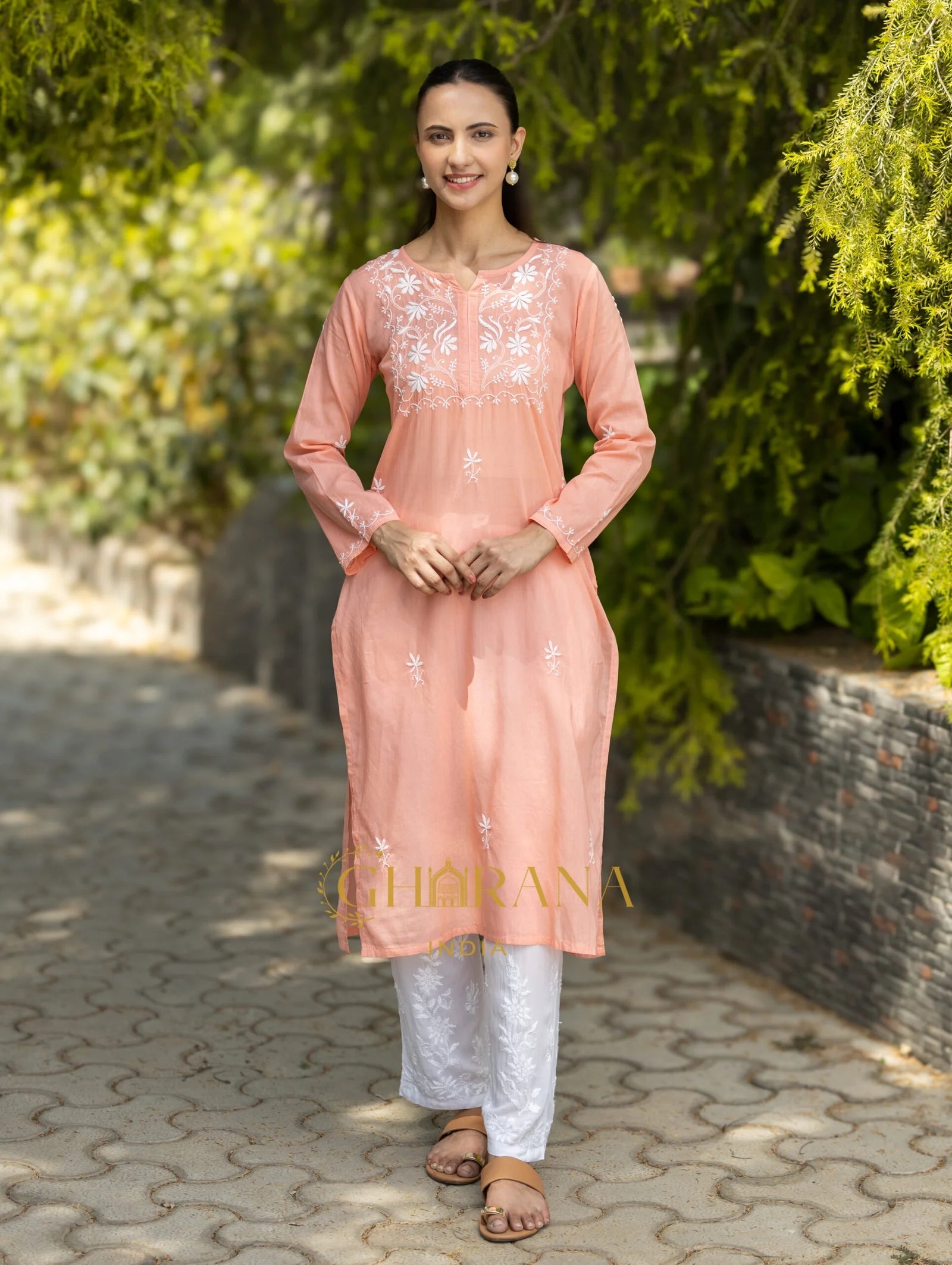 Sahiba Peach Pink Pure Cotton Chikankari Kurta with very intricate hand embroidery. Gharana