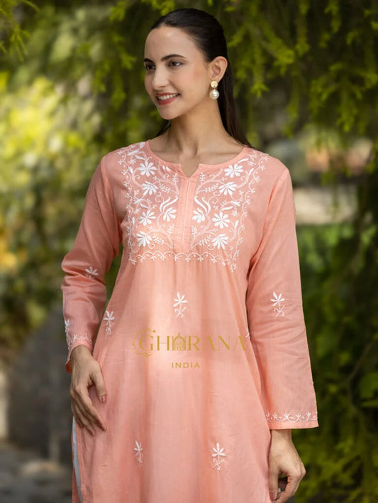 Sahiba Peach Pink Pure Cotton Chikankari Kurta with very intricate hand embroidery. Gharana