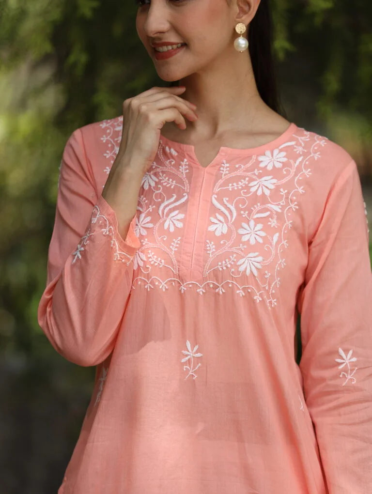 Sahiba Peach Pink Pure Cotton Chikankari Kurta with very intricate hand embroidery. Gharana