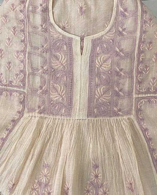 Premium Mulchanderi Chikankari Semi Stitched Tunic and Dupatta set – Light Beige Gharana