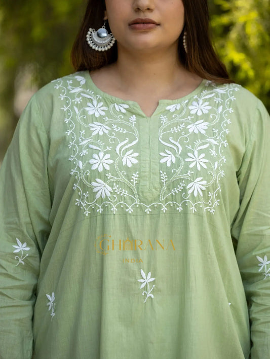 Sahiba Light Green Pure Cotton Chikankari Kurta with very intricate hand embroidery. Gharana