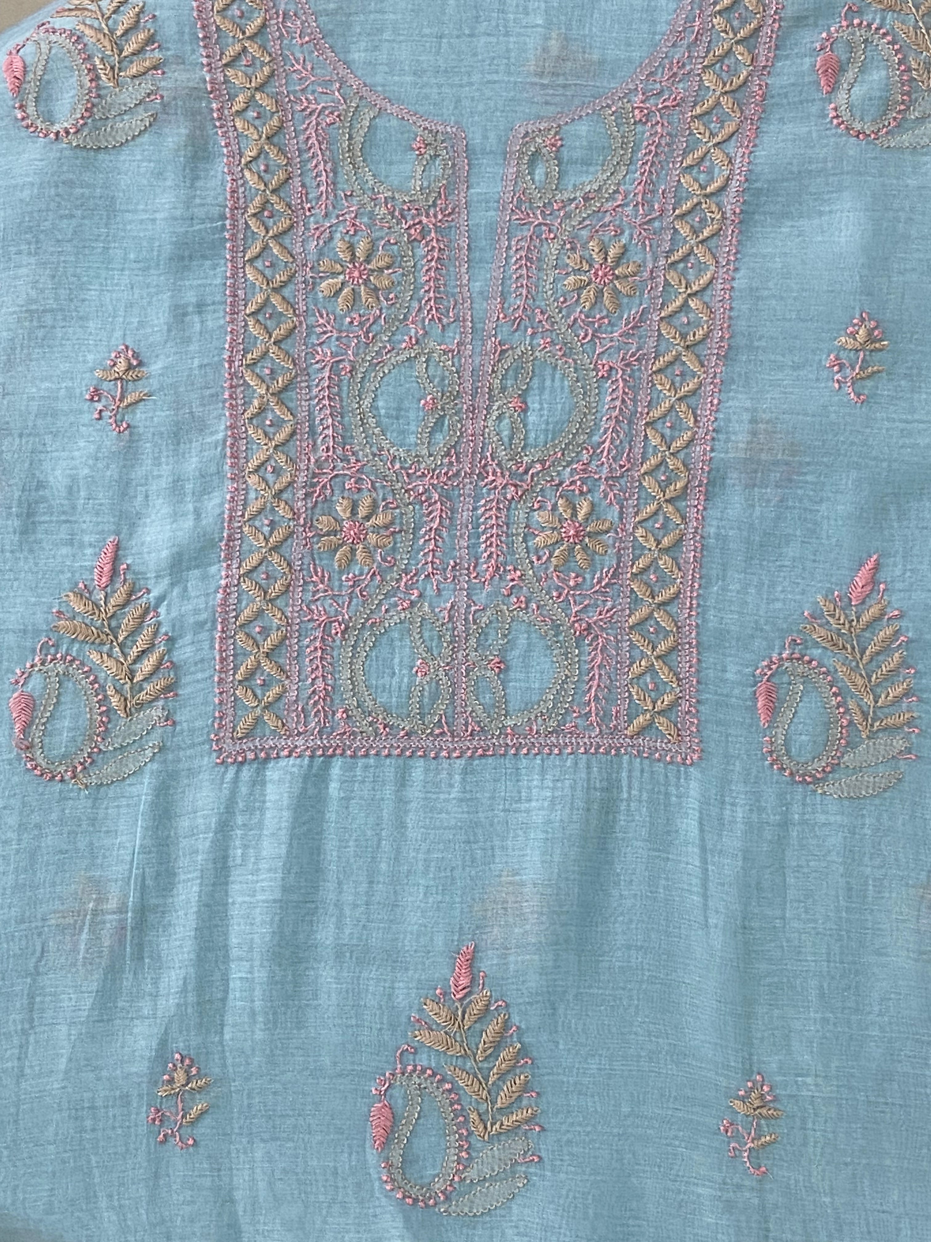 Premium Mul Chanderi 2 piece Chikankari Unstitched Kurta and Dupatta set – Powder Blue Gharana