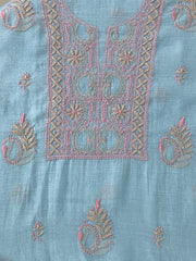 Premium Mul Chanderi 2 piece Chikankari Unstitched Kurta and Dupatta set – Powder Blue Gharana