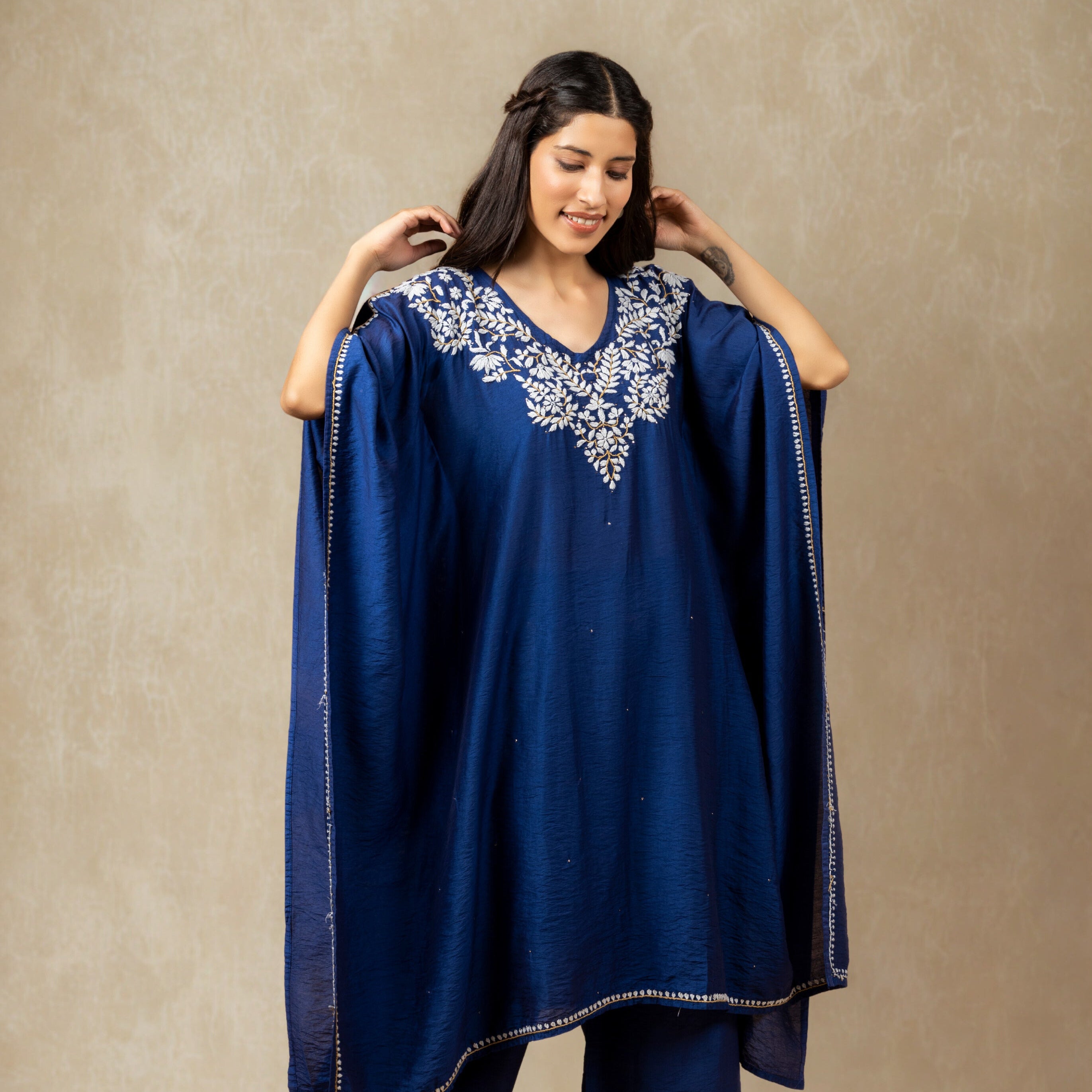 Premium Chanderi Silk Midnight Blue Chikankari Kaftan Set with Kamdani Work Gharana