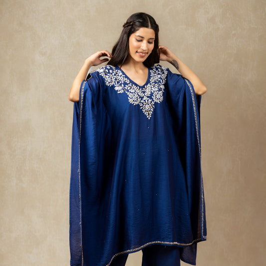 Premium Chanderi Silk Midnight Blue Chikankari Kaftan Set with Kamdani Work Gharana