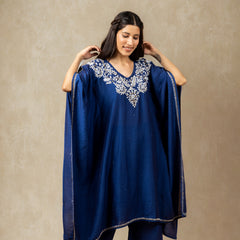 Premium Chanderi Silk Midnight Blue Chikankari Kaftan Set with Kamdani Work Gharana