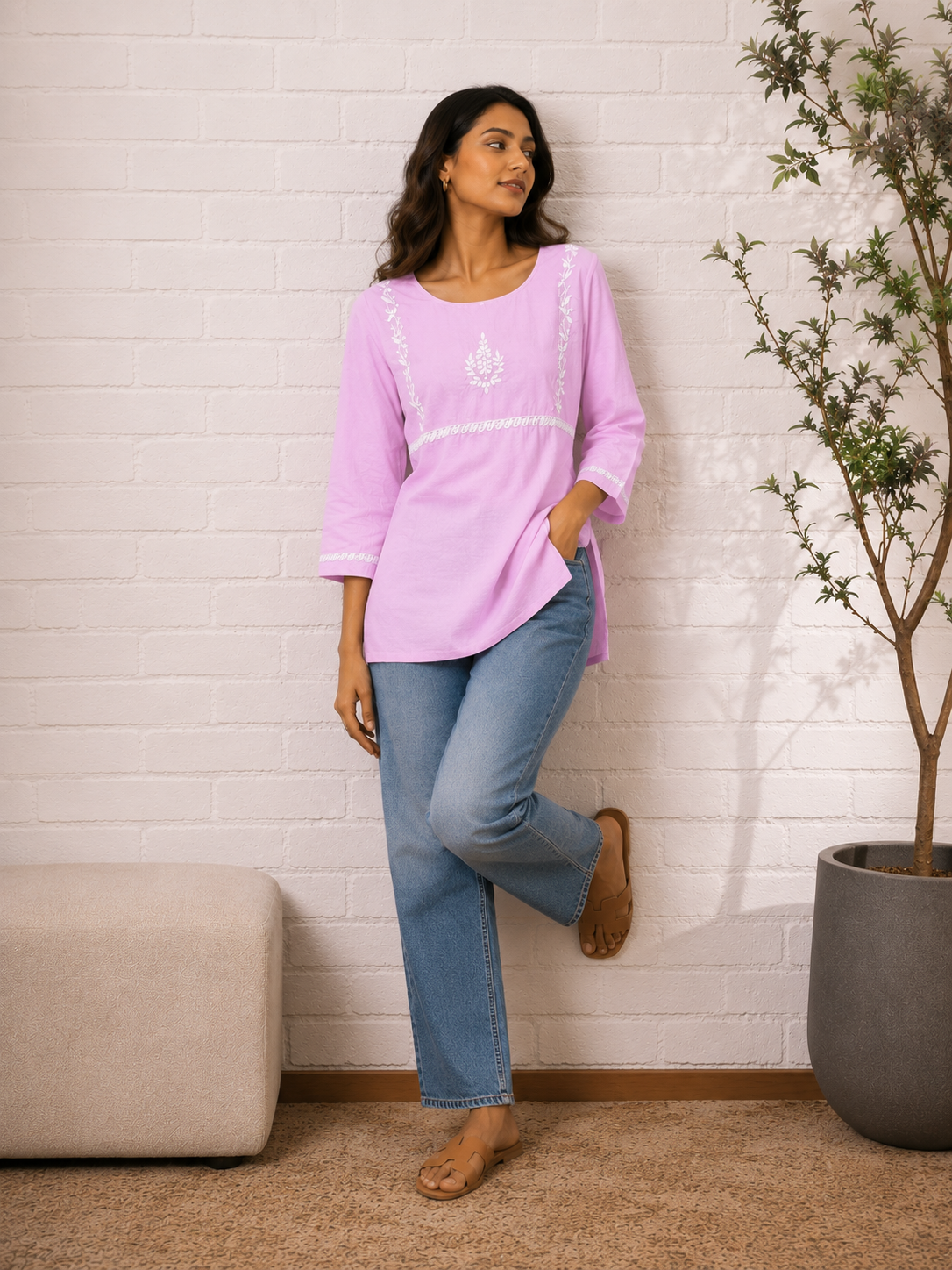 Saheba Chikankari Lavender Rose Cotton Top