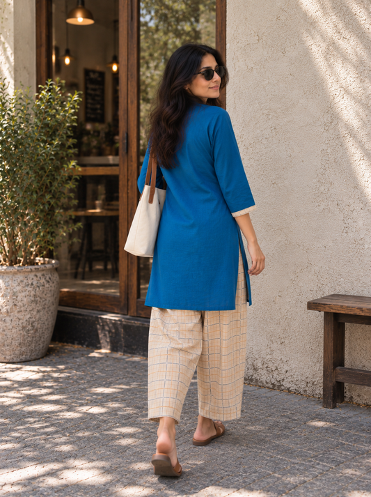 Aira Cobalt Blue Cotton Slub Kurta Set with Gold Checked Salwar