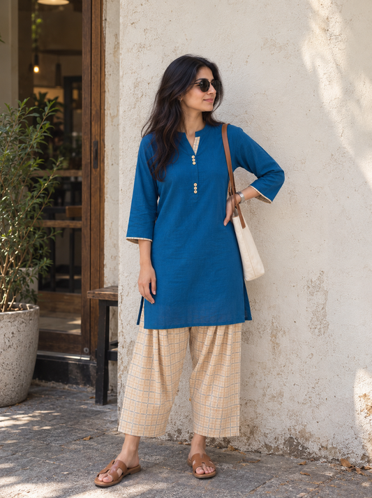 Aira Cobalt Blue Cotton Slub Kurta Set with Gold Checked Salwar