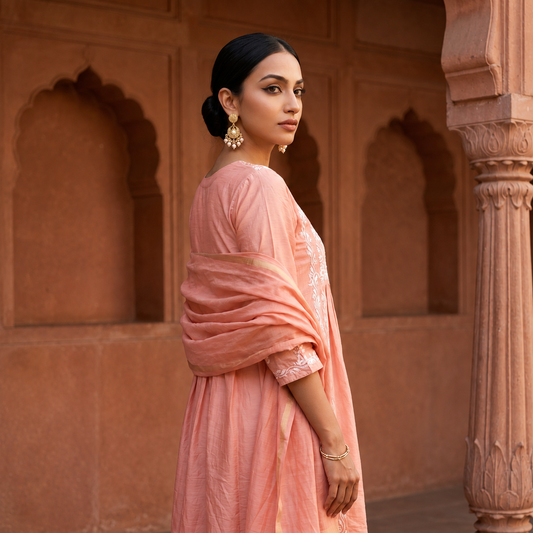 Jashn Chikankari Old Rose Nyra Cut 3PC Kurta Set with Dupatta