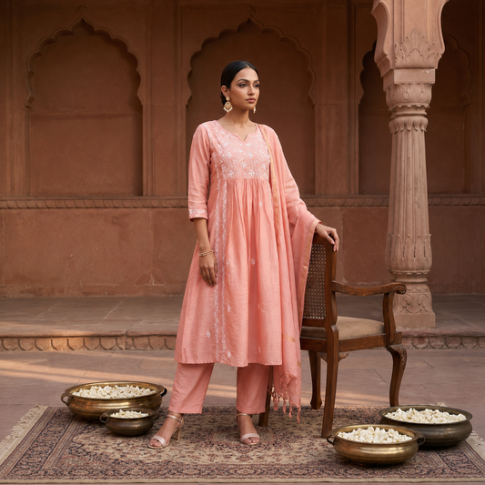 Jashn Chikankari Old Rose Nyra Cut 3PC Kurta Set with Dupatta