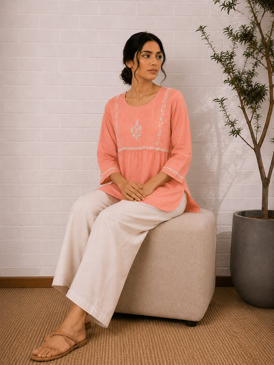 Saheba Chikankari Peach Cotton Top