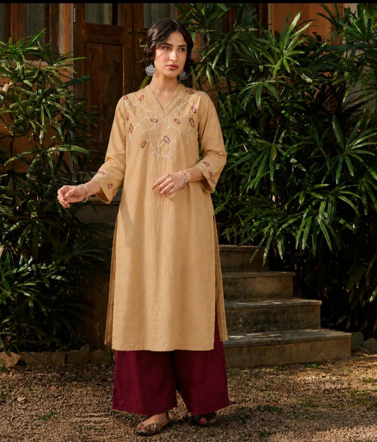 Heer Mul Cotton Beige chikankari Kurta Set