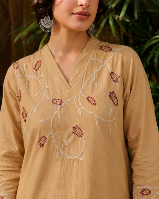 Heer Mul Cotton Beige chikankari Kurta Set