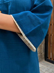 Aira Cobalt Blue Cotton Slub Kurta Set with Gold Checked Salwar