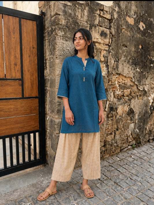 Aira Cobalt Blue Cotton Slub Co-ord Set with Contrasting Checked Salwar